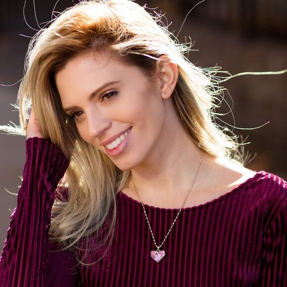 Pink Cubic Zirconia Heart Necklace 24k Gold Plated Women - Picture 2 of 7